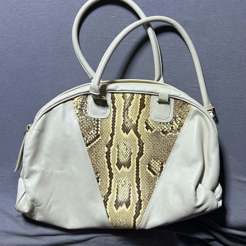 Divina Vintage Cream Genuine Snakeskin and Leather Satchel Bag Large
